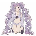  1girl alternate_costume bikini commentary_request donut_hair_bun double_bun drill_hair duel_monster glasses hair_bun highres jacket purple_hair sanpo selettrice_vaalmonica solo swimsuit twin_drills white_bikini yu-gi-oh! 