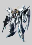  beam_rifle blue_eyes commentary_request energy_gun exposed_internal_machinery glowing glowing_eyes grey_background gundam gundam:_hathaway's_flash highres holding holding_energy_gun holding_weapon mecha mecha_focus missile missile_pod mobile_suit no_humans raybar realistic robot science_fiction shield solo v-fin weapon xi_gundam 