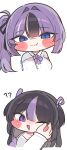  2girls :3 ? ?? aged_down black_hair black_ribbon blue_eyes blunt_bangs blush bow bowtie collared_shirt commentary_request dress fang goddess_of_victory:_nikke hair_intakes hair_ribbon hand_on_another's_cheek hand_on_another's_face highres jacket jien_(nikke) korean_commentary long_hair long_sleeves mming_(mmingis18) mole mole_under_eye multicolored_hair multiple_girls off_shoulder one_eye_closed open_mouth purple_eyes purple_hair purple_jacket purple_ribbon ribbon shirt siblings side_ponytail simple_background sisters smile spaghetti_strap streaked_hair sweat syue syuen_(nikke) syuen_(young)_(nikke) two_side_up white_background white_dress 