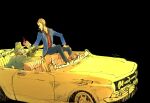  2boys arsene_lupin_iii black_background black_hair blue_jacket burning car cigarette commentary_request crack cracked_glass hat highres jacket jigen_daisuke long_sideburns long_sleeves lupin_iii mi_(rokudenashi) motor_vehicle multiple_boys necktie red_necktie short_hair sideburns simple_background smoking 