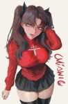  1girl absurdres alternate_breast_size_(larger) arm_at_side black_bow black_hair black_skirt blue_eyes bow breasts commentary cowboy_shot fate/stay_night fate_(series) hair_bow hand_in_own_hair highres large_breasts long_hair long_sleeves looking_at_viewer miawic miniskirt open_mouth pleated_skirt red_sweater self-upload simple_background skirt smile solo standing sweater thighs tohsaka_rin twintails white_background 