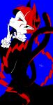  1girl animal_ears black_dress black_nails blue_background braid cat_ears cat_tail closed_mouth commentary_request dress extra_ears fingernails from_side highres kaenbyou_rin long_fingernails long_hair long_sleeves looking_at_viewer multiple_tails nail_polish pointy_ears red_eyes red_hair roamu_65 sharp_fingernails simple_background smile solo tail touhou twin_braids two_tails 
