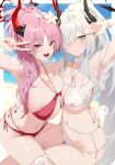  2girls absurdres areola_slip arm_up armpits asymmetrical_docking bikini black_nails blue_archive blue_eyes blush bracelet breast_press breasts brown_eyes commentary_request demon_horns earrings flower hair_flower hair_ornament halo hand_on_another's_waist highres horns huge_breasts jewelry kakumayu long_hair looking_at_viewer makoto_(blue_archive) makoto_(swimsuit)_(blue_archive) mole mole_on_breast multiple_girls nail_polish navel o-ring o-ring_bikini official_alternate_costume open_mouth partial_commentary pink_hair pink_nails pointy_ears ponytail red_bikini red_halo satsuki_(blue_archive) satsuki_(swimsuit)_(blue_archive) stomach swimsuit v very_long_hair wet white_bikini white_hair 