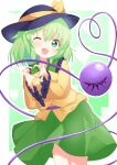  1girl absurdres black_hat blush bow buttons collared_shirt commentary_request diamond_button disembodied_linked_eye eyeball frilled_shirt_collar frilled_sleeves frills green_eyes green_hair green_skirt hat hat_bow heart heart_hands heart_of_string highres komeiji_koishi long_sleeves looking_at_viewer medium_hair one_eye_closed open_mouth samoflower shirt skirt smile solo touhou wide_sleeves yellow_bow yellow_shirt 