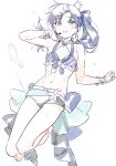  1girl barefoot bikini bikini_shorts blue_bikini blue_hair brown_eyes commentary_request crown earrings flat_chest floating_hair full_body headset highres idolmaster idolmaster_(classic) jewelry kisaragi_chihaya long_hair looking_at_viewer mini_crown navel nozawa_noko plaid_bikini plaid_clothes ponytail shorts simple_background solo swimsuit white_background 