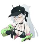  1girl absurdres areola_slip badge baseball_cap bikini black_bikini black_gloves blush body_markings breasts brian_(delknoder) button_badge commentary earclip english_commentary fate/grand_order fate_(series) gloves green_jacket grey_hair hat highres horned_hat jacket large_breasts lilith_(fate) lilith_(swimsuit_rider)_(first_ascension)_(fate) long_hair pointy_ears ponytail swimsuit wet yellow_eyes 