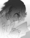  1boy closed_mouth commentary crying crying_with_eyes_open distress earrings feathered_wings floating_earrings from_side furrowed_brow gloves greyscale hair_between_eyes head_wings highres holding holding_letter holding_paper honkai:_star_rail honkai_(series) jacket jewelry letter long_sleeves male_focus medium_hair monochrome paper profile reading shirt simple_background solo soulsk530 sunday_(honkai:_star_rail) sunday_(sacerdos'_relived_ordeal)_(honkai:_star_rail) tears turtleneck turtleneck_shirt untranslatable_commentary upper_body white_background wide-eyed wings 