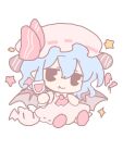  1girl ascot bat_wings blue_hair bow chibi chibi_only closed_mouth collared_dress commentary cup dress drinking_glass fang fang_out hair_between_eyes hat hat_bow highres holding holding_cup looking_at_viewer mob_cap pink_ascot pink_bow pink_dress pink_hat remilia_scarlet silverrain simple_background smile solo star_(symbol) touhou white_background wings 