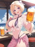 1girl :d absurdres aki_rosenthal alcohol beer beer_mug bikini bikini_under_clothes black_bikini blonde_hair blue_sky bob_cut breasts cleavage cloud commentary_request cowboy_shot criss-cross_halter cropped_shirt cup curio_(curiofinity) day full_cleavage halterneck headgear highleg highleg_bikini highres holding holding_cup hololive large_breasts looking_at_viewer low_twintails mug multi-strapped_bikini_bottom naturally_detached_hair navel ocean open_mouth outdoors parted_bangs pink_sarong purple_eyes sarong see-through_clothes see-through_sarong see-through_shirt shirt short_hair short_sleeves sky smile solo stomach swimsuit teeth tied_shirt twintails upper_teeth_only virtual_youtuber 