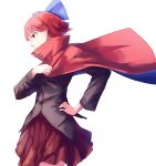  1girl absurdres black_shirt blue_bow bow cloak commentary_request hair_bow highres long_sleeves miniskirt mituba_ooka pleated_skirt red_cloak red_eyes red_hair red_skirt ribbon-trimmed_bow ribbon-trimmed_shirt ribbon-trimmed_sleeves ribbon_trim sekibanki shirt short_hair simple_background skirt solo touhou white_background 
