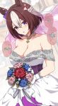  1girl absurdres animal_ears bare_shoulders blush bouquet bow braid breasts bridal_veil bride brown_hair cleavage collarbone commentary detached_collar dress ear_bow ear_ribbon english_commentary english_text flower half_up_braid highres holding holding_bouquet horse_ears horse_girl jewelry large_breasts multicolored_hair off-shoulder_dress off_shoulder open_mouth purple_bow purple_eyes ring sheita short_hair special_week_(umamusume) speech_bubble two-tone_hair umamusume veil wedding wedding_dress wedding_ring white_dress white_hair 