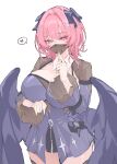  1girl absurdres black_bow black_dress black_wings blush bow breasts cleavage curvy dress feathered_wings hair_bow heart heart-shaped_pupils highres large_breasts looking_at_viewer mask mouth_mask parted_lips pink_hair remielle_dan remielle_dan_(moonlight_whispers) short_hair smile solo spoken_heart symbol-shaped_pupils thick_thighs thighs wings zenless_zone_zero zerocat 