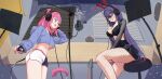 2girls absurdres akuma_nihmune besi_(besidoesart) breasts camila_inpu commentary crop_top facial_mark fingerless_gloves fishnet_pantyhose fishnets from_below gloves hair_ornament headphones heart heart_facial_mark highres indie_virtual_youtuber indoors large_breasts long_hair medium_breasts microphone mole mole_under_eye multicolored_hair multiple_girls navel open_mouth pantyhose pink_hair pleated_skirt pop_filter purple_eyes purple_hair recording_audio recording_studio red_eyes see-through_clothes see-through_sleeves shorts sitting skirt standing star_(symbol) star_hair_ornament streaked_hair studio_microphone tail triangle triangle_facial_mark two_side_up untranslatable_commentary virtual_youtuber 