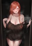  1girl absurdres arisugawa_natsuha bare_shoulders black_nightgown blush breasts cleavage closed_eyes commentary_request doorway earrings hair_behind_ear highres huge_breasts idolmaster idolmaster_shiny_colors jewelry long_hair nightgown open_mouth orange_hair parted_bangs solo standing steaming_body strap_slip stud_earrings sweat swept_bangs thigh_gap thighs torishu_(kumataka_4867) wet 