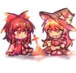  2girls anger_vein angry apron blonde_hair bonfire_(dark_souls) bow braid brown_eyes brown_hair chibi chibi_only chinese_commentary closed_mouth commentary_request dark_souls_(series) eye_contact hair_bow hair_tubes hakurei_reimu hat hat_bow kirisame_marisa long_hair looking_at_another mowuze multiple_girls open_mouth planted planted_sword red_bow side_braid simple_background single_braid sitting smile sword touhou waist_apron weapon white_background white_bow witch_hat yellow_eyes 