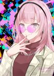  1girl bang_dream! bang_dream!_our_notes bead_necklace beads black_hairband colorful_background commentary dated fukumaru1021 grey_eyes hairband hand_up highres izumi_houka jacket jewelry long_hair looking_at_viewer necklace open_clothes open_jacket pink-tinted_eyewear pink_hair pink_nails red_shirt shirt solo sunglasses tinted_eyewear upper_body 