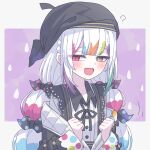  1girl :d ? beret black_jacket black_ribbon blunt_bangs bow clenched_hands collared_shirt commentary_request contrast_collar hands_up hat heterochromia jacket jogasaki_noah long_hair long_sleeves looking_at_viewer mahou_shoujo_no_majo_saiban multi-tied_hair multicolored_hair neck_ribbon open_mouth paintbrush polka_dot polka_dot_bow purple_background red_eyes ribbon shirt smile solo streaked_hair tkugane upper_body water_drop white_hair white_shirt yellow_eyes 