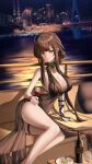  1girl absurdres ahoge alcohol arm_support bare_shoulders blunt_bangs boat bottle bracelet breasts bridge brown_hair building cake cake_slice center_opening city city_lights cleavage closed_mouth collarbone commentary_request covered_navel cup cushion dress drinking_glass dsr-50_(girls'_frontline) earrings food fork fruit full_cleavage girls'_frontline girls'_frontline_2:_exilium gold_jewelry hair_intakes highres holding holding_cup hong_su0 huge_ahoge jewelry large_breasts legs long_hair looking_at_viewer loreley_(girls'_frontline_2) night on_cushion orange_eyes outdoors pillow plate red_wine sideboob sidelocks single_earring sitting sky skyscraper sleeveless sleeveless_dress solo star_(sky) starry_sky strap strawberry table thigh_strap thighs very_long_hair water watercraft wine wine_bottle wine_glass 