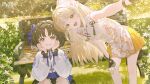  2girls absurdres ahoge black_gloves black_hair blonde_hair breasts chinese_commentary commentary_request dress fingerless_gloves gloves grin hair_intakes highres looking_at_viewer mandaring0 multiple_girls official_alternate_costume official_art open_mouth parted_bangs second-party_source siblings sisters small_breasts smile suisui_(wuthering_waves) tacet_mark_(wuthering_waves) white_dress wuthering_waves yangyang_(wuthering_waves) yellow_eyes 