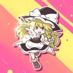  1girl 216 apron back_bow black_hat black_skirt black_vest blonde_hair boots bow braid brown_boots hair_bow hat hat_bow kirisame_marisa leg_up long_hair looking_at_viewer open_mouth outline pink_background puffy_short_sleeves puffy_sleeves short_sleeves side_braid single_braid skirt smile solo star_(symbol) touhou very_long_hair vest waist_apron white_apron white_bow white_outline witch_hat yellow_background yellow_eyes 