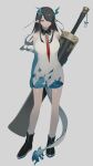  1girl absurdres ankle_boots arknights bare_shoulders black_boots black_hair blue_hair blue_horns boots cleavage_cutout closed_mouth clothing_cutout collared_dress colored_extremities commentary contrast_collar dragon_girl dragon_horns dragon_tail dress dusk_(arknights) earrings expressionless full_body grey_background grey_dress hair_over_one_eye highres holding holding_sword holding_weapon horns huge_weapon jewelry kei_(a_key_kuuuun) long_hair looking_at_viewer multicolored_hair necktie one_eye_covered pointy_ears red_eyes red_necktie short_dress simple_background sleeveless sleeveless_dress solo standing streaked_hair sword tail weapon 