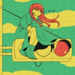  1girl arm_rest canvas_texture cloud commentary dress fusn99 glasses green_dress green_jacket green_shoes head_rest high_heels highres jacket limited_palette long_hair looking_ahead pole red_eyes red_hair shizuhara_hiruko shoes side_slit sitting sitting_on_object sky solo the_hundred_line_-last_defense_academy- traffic_light translated wind 