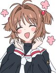  1girl antenna_hair blush brown_hair cardcaptor_sakura closed_eyes commentary_request facing_viewer hair_bobbles hair_intakes hair_ornament hands_up highres kinomoto_sakura long_sleeves neckerchief open_mouth sailor_collar school_uniform short_hair solo tomoeda_elementary_school_uniform unenemiko upper_body white_background white_neckerchief white_sailor_collar 