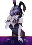  1girl absurdres alternate_costume animal_ear_hairband animal_ears arm_strap artist_name black_bow black_bowtie black_hair black_leotard black_nails black_pantyhose bow bowtie breasts card cleavage closed_mouth commentary covering_one_eye detached_collar english_commentary fake_animal_ears fake_tail flipped_hair full_cleavage grey_hair hair_ornament hairband hand_on_table hazel_(hzlform) highleg highleg_leotard highres holding holding_card hololive hololive_english large_breasts leaning_forward leotard long_hair looking_at_viewer multicolored_hair pantyhose playboy_bunny playing_card plunging_neckline shiori_novella signature simple_background solo split-color_hair strapless strapless_leotard table tail tongue tongue_out two-tone_hair virtual_youtuber white_background yellow_eyes 