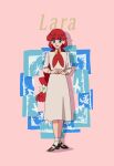  1girl blue_eyes braid character_name commentary_request dress english_text full_body hair_tie lara_(sayonara_lara) long_hair long_sleeves official_art pink_background red_hair ribbon sayonara_lara shoes smile solo tani_shiori 