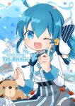  1girl :d ;d ahoge anniversary balloon blue_bow blue_bowtie blue_eyes blue_hair blush bow bowtie buttons chizu_(421ooouy) collared_shirt commentary_request cowboy_shot dot_nose double-parted_bangs grey_skirt hair_between_eyes hair_bow hands_up heart_balloon index_finger_raised long_hair long_sleeves looking_at_viewer one_eye_closed open_mouth original shirt skirt smile solo striped_bow striped_bowtie striped_clothes white_bow white_shirt 