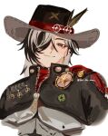  1boy black_hair black_jacket boothill_(honkai:_star_rail) bullet_earrings commentary cowboy_hat cropped_jacket cropped_shoulders earrings english_commentary hair_over_one_eye hat hat_feather honkai:_star_rail honkai_(series) jacket jewelry ko_ko_koro looking_at_viewer male_focus mole mole_under_eye multicolored_hair signature simple_background smile solo two-tone_hair white_background white_hair 