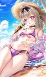  1girl alternate_costume beach bikini black_choker blue_sky blush breasts brown_hat character_print choker cloud commentary_request day food food_on_body food_on_breasts fujima_takuya grey_hair hair_intakes hat holding holding_ice_cream_cone ice_cream ice_cream_cone long_hair looking_at_viewer mashu-tan meitantei_precure! moria_luluka multiple_scoops ocean open_clothes open_mouth open_shirt outdoors precure purple_bikini purple_eyes sand shirt sky small_breasts solo straw_hat swim_ring swimsuit thighs twitter_username water white_shirt 