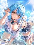  ahoge all_fours animal_ears ball beachball bikini bikini_skirt bikini_top_under_shirt bikini_under_clothes black_bikini blue_hair blue_sky blue_streaks blurry blurry_background bow braid breasts buru-dai character_name choker cleavage closed_mouth clothes_writing cloud commentary_request crawling cumulonimbus_cloud day elf frilled_choker frilled_thigh_strap frills hair_bow hand_up heart heart_ahoge hololive large_breasts long_pointy_ears looking_at_viewer medium_hair multicolored_hair outdoors pointy_ears revision sandals shirt side_braids single_off_shoulder sky smile streaked_hair swimsuit t-shirt thigh_strap virtual_youtuber wet wet_clothes wet_shirt white_bow white_shirt yellow_eyes yukihana_lamy yukihana_lamy_(summer) yukimin_(yukihana_lamy) 
