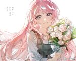  1girl bang_dream! bang_dream!_it's_mygo!!!!! bouquet chihaya_anon chinese_commentary commentary_request dress fang grey_dress grey_eyes highres holding holding_bouquet long_hair open_mouth pink_hair revision simple_background solo teeth translation_request tumaomao upper_body upper_teeth_only white_background 