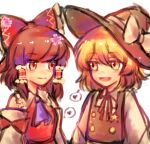  2girls ascot black_hat black_vest blonde_hair blue_ascot bow brown_eyes brown_hair chinese_commentary closed_mouth commentary_request detached_sleeves eye_contact frilled_bow frilled_hair_tubes frills hair_bow hair_tubes hakurei_reimu hat hat_bow heart kirisame_marisa looking_at_another medium_hair mowuze multiple_girls neck_ribbon open_mouth red_bow red_ribbon red_skirt ribbon simple_background skirt skirt_set smile spoken_heart touhou vest white_background witch_hat yellow_eyes 