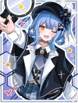  1girl absurdres bird_hat_ornament black_bow black_bowtie black_capelet black_hat blue_hair blue_necktie blue_skirt bow bowtie braid braided_hair_rings capelet collarbone collared_shirt commentary_request deerstalker grey_vest hair_bow hair_rings hat hat_bow highres holding holding_magnifying_glass jasei long_sleeves looking_at_viewer magnifying_glass mahou_shoujo_no_majo_saiban necktie one_eye_closed open_mouth outline plaid_clothes plaid_skirt shirt short_hair skirt solo sparkle tachibana_sherry vest white_outline white_shirt yellow_eyes 