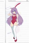  1girl alternate_costume animal_ears bow bowtie breasts chinese_commentary cleavage commentary_request detached_collar fafa full_body highres leotard long_hair looking_at_viewer playboy_bunny purple_hair rabbit_ears rabbit_girl red_bow red_bowtie red_eyes red_leotard red_shoes reisen_udongein_inaba shoes small_breasts solo strapless strapless_leotard thighhighs touhou very_long_hair white_thighhighs white_wrist_cuffs wrist_cuffs 
