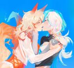  2girls animal_ears blonde_hair blue_background blue_hair blue_lips breasts closed_eyes eyeshadow fox_ears fox_girl fox_tail hand_on_another's_cheek hand_on_another's_face hand_on_another's_shoulder highres kiss long_hair luna_snow luna_snow_(cool_summer) makeup marvel marvel_rivals metsyales multicolored_hair multiple_girls official_alternate_costume one-piece_swimsuit orange_lips split-color_hair swimsuit tail tiger_division two-tone_hair white_fox_(coastal_kumiho)_(marvel) white_fox_(marvel) white_hair yuri 