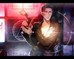 1boy aura blood blood_on_face brown_hair brown_jacket closed_mouth commentary_request flashlight gun handgun harry_mason highres holding holding_gun holding_weapon jacket lens_flare male_focus nightmare silent_hill_(series) silent_hill_1 solo solo_focus sunakumo weapon 