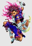  1girl arms_up barefoot black_hair blue_jacket blue_pants breasts brown_eyes cleavage commentary criss-cross_halter crop_top dark-skinned_female dark_skin dynamic_pose feathers fighting_stance foot_wraps forked_eyebrows hairband halterneck hand_wraps highres holding holding_knife jacket knife legs_up long_hair martial_arts_belt medium_breasts multicolored_hair outstretched_arm pants philippine_flag_print purple_hair purple_streaks reverse_grip sash scar scar_on_face scar_on_nose shirt short_sleeves simple_background smile smirk solo spiked_hair streaked_hair street_fighter street_fighter_6 toned toned_female two-tone_hair untranslatable_commentary v-shaped_eyebrows waist_sash white_background white_shirt yasmine_(street_fighter) youkanaeyou 