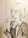  1girl blush commentary_request donut dress embarrassed flat_chest food graphite_(medium) hand_up highres holding holding_donut holding_food jacket jun_(navigavi) long_sleeves looking_to_the_side miyamori_aoi monochrome nose open_clothes open_jacket open_mouth paper_background photo_(medium) shirobako short_hair sketch solo sparkle tongue tongue_out traditional_media upper_body 