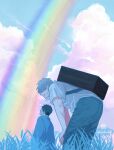  2boys adashino-sensei_(mushishi) backpack bag black_pants blue_sky cloud commentary_request cumulonimbus_cloud field ginko_(mushishi) hands_on_own_knees highres leaning_forward male_focus mi_(rokudenashi) multiple_boys mushishi open_mouth outdoors pants rainbow shirt short_hair sky white_hair white_shirt 
