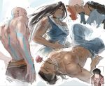  1girl 3boys aang arrow_(symbol) arrow_tattoo avatar:_the_last_airbender avatar_aang:_the_last_airbender avatar_legends bald biceps brown_hair bruise clothes_pull commentary dark-skinned_female dark-skinned_male dark_skin english_commentary flower flower_in_mouth highres injury katara kiss lying multiple_boys muscular muscular_male nikiclumsy on_back pants pants_pull pectorals scar scar_on_back seductive_smile smile sokka tattoo toned toned_female topless_male zuko 