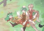  2boys animal animal_on_head animal_print animalization bakugou_katsuki basket bird bird_on_hand bird_on_head black_bird black_boots blush boku_no_hero_academia boots brown_overalls brown_shirt burger canteen chihuahua clothed_animal collared_shirt commentary_request corn dappled_sunlight dove dress_shirt elbow_on_knee elbow_rest facing_animal food food_wrapper freckles furrowed_brow gloves green_hair grey_boots grey_gloves grey_hair grey_jacket grey_pants happy highres holding holding_burger holding_food jacket knee_boots knee_up looking_to_the_side male_focus midoriya_izuku multiple_boys nao_(n_sai_ao) napkin official_alternate_costume on_blanket on_ground on_head open_clothes open_jacket open_mouth outdoors overalls pants pants_tucked_in parted_lips partial_commentary person_and_animalization polo_shirt rabbit_print rabbit_symbol raised_eyebrows red_shoes sheep shirt shoe_soles shoes short_eyebrows short_hair sideways_glance sitting sleeves_rolled_up smile spiked_hair sunlight suspenders three-quarter_sleeves tokoyami_fumikage v-shaped_eyebrows white_bird wing_collar yellow_blanket yellow_shirt 