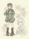  1boy alternate_costume antenna_hair basil_(faraway)_(omori) basil_(omori) blonde_hair blue_eyes boots brown_boots camera closed_mouth coat commentary_request floral_background full_body green_coat highres holding holding_camera knee_boots long_sleeves looking_at_viewer male_focus marusei_314 multiple_views omori open_mouth polaroid_camera shirt short_hair smile standing white_shirt 