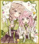  2girls :q animal_ear_fluff animal_ears beret blush bow braid brown_eyes brown_hair brown_hakama cat_ears cat_girl cat_tail closed_mouth commentary_request dango double_bun food fushigi_na_neko_no_machi_meltier green_bow green_eyes green_hair green_hakama green_kimono grey_hat hair_bun hair_ornament hair_over_shoulder hakama hakama_skirt hat heart holding holding_food japanese_clothes kimono long_hair maid_headdress makia_(fushigi_na_neko_no_machi_meltier) moco_(fushigi_na_neko_no_machi_meltier) multicolored_hair multiple_girls obi parted_lips pennant pink_hair sakura_oriko sanshoku_dango sash skirt smile streaked_hair string_of_flags tail tongue tongue_out very_long_hair wagashi white_kimono x_hair_ornament 