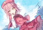  1girl applying_makeup applying_own_makeup beret blue_sky braid buttons capelet chinese_commentary cloud club_(shape) commentary_request cosmetics cowboy_shot day diamond_button eyes_visible_through_hair floating_clothes hair_ornament hairclip hat heart_button high-waist_skirt hinamori_amu holding holding_lipstick_tube lace-trimmed_skirt lace_trim light_blush light_particles lipstick_tube long_sleeves looking_ahead medium_hair miniskirt multicolored_buttons necktie open_mouth outdoors pink_hair plaid_clothes plaid_skirt pleated_skirt power_lines puffy_long_sleeves puffy_sleeves red_capelet red_hat red_necktie red_skirt school_uniform seiyo_academy_school_uniform shirt shugo_chara! side_braid signature single_braid skirt sky solo spade_(shape) tree waka_ryou white_shirt wind x_hair_ornament yellow_eyes 