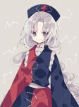  1girl adapted_costume blue_dress blue_hat braid closed_mouth commentary_request cross dress grey_background grey_eyes grey_hair hat highres long_hair long_sleeves nurse_cap red_cross red_dress roamu_65 simple_background single_braid solo touhou two-tone_dress upper_body very_long_hair wide_sleeves yagokoro_eirin 