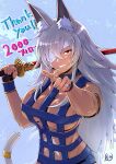  1girl absurdres alternate_costume animal_ears bare_shoulders black_gloves blue_choker breasts cat_ears cat_girl cat_tail choker commentary_request dark-skinned_female dark_skin eyepatch fingerless_gloves ghislaine_dedoldia gloves grin hair_between_eyes hand_up highres imzen jewelry large_breasts long_hair looking_at_viewer milestone_celebration mushoku_tensei over_shoulder pointing pointing_at_viewer red_eyes revealing_clothes ring scar scar_on_cheek scar_on_face scar_on_stomach sideboob smile solo tail tail_ornament tail_ring toned toned_female underboob upper_body very_long_hair weapon weapon_over_shoulder 