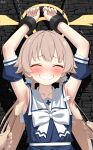  1girl 1other ^_^ absurdres alternate_costume armpit_focus armpits arms_up artist_name bare_shoulders blue_archive blue_dress blue_sleeves blush bound bound_wrists bow bowtie brown_hair chained_wrists chinese_commentary closed_eyes collarbone commentary_request crying curled_fingers detached_sleeves dress facing_viewer fingernails furrowed_brow grin hair_flaps hair_ornament hair_ribbon halo hifumi_(blue_archive) highres holding holding_brush long_hair low_twintails mo_moon partial_commentary pov pov_hands raised_inner_eyebrows restrained ribbon sailor_collar sailor_dress shadow sleeveless sleeveless_dress smile solo_focus stifled_laugh stone_wall straight-on sweat tearing_up tears teeth tickle_torture tickling tickling_armpits trembling twintails very_long_hair white_bow white_bowtie white_sailor_collar wing_hair_ornament winged_halo yellow_halo 